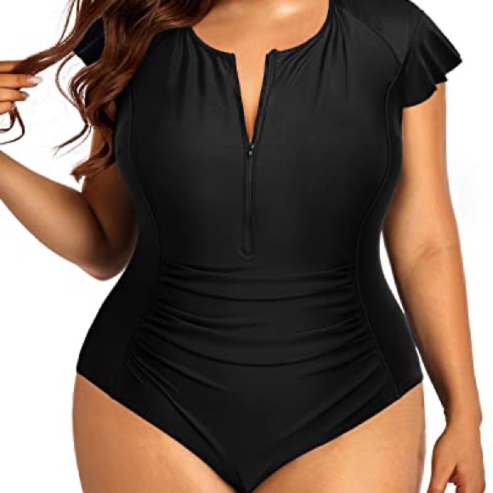 Holipick Zipper Front Plus Size One Piece Bathing Suit  Tummy Control-Black